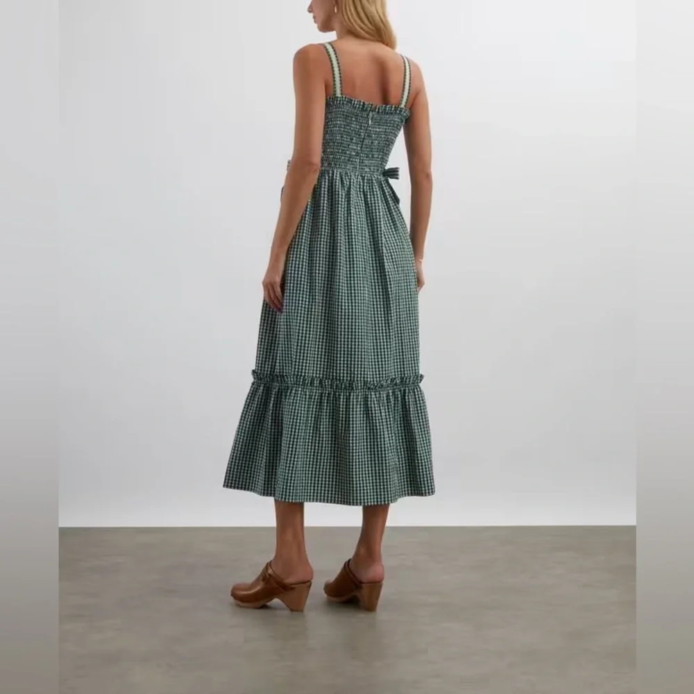 Hunter Bell Larissa Green White Gingham Midi Dress Smocked embroidered tie - Picture 3 of 8